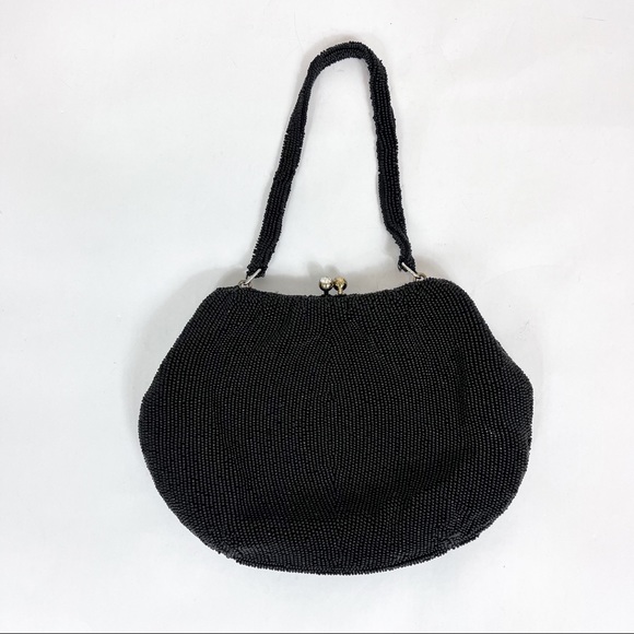 Vintage Delill Black Beaded Sequins Evening Bag Purse W/Strap Glass Kiss Clasp - Picture 2 of 10